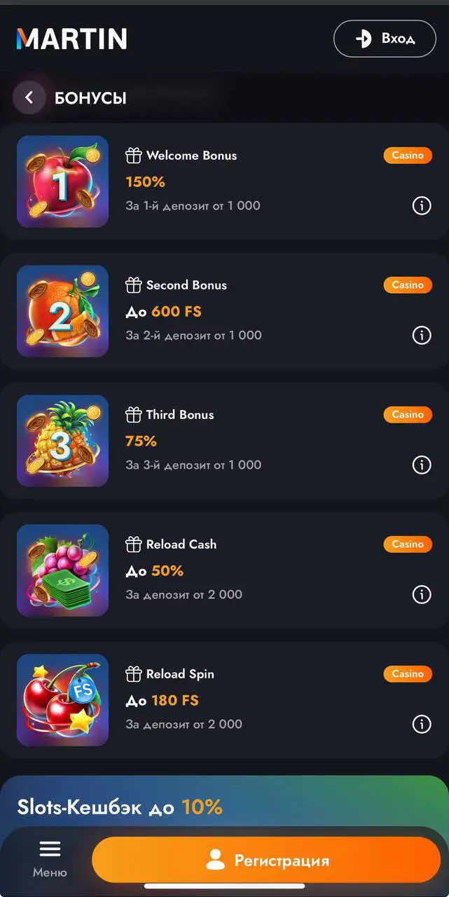 Доступные бонусы и акции Martin Casino